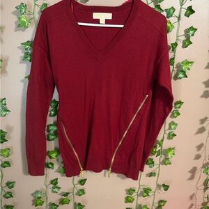 Michael Kors Red V-Neck Blouse with Gold Zippers